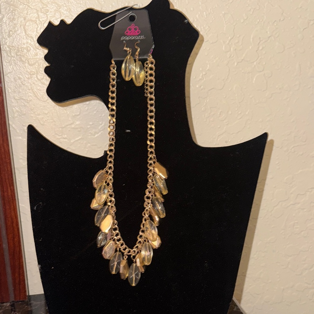 paparazzi Gold Chain Necklace with Clear Teardrop and matching earrings